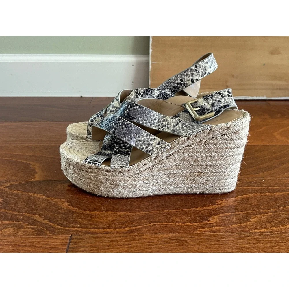 Marc Fisher Alenni Snakeskin Espadrille‎ Wedge Sandals Grey Black Leather 9.5 M